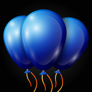 现实的蓝色气球，用黑色的背景上孤立的丝带。闪亮的彩色光泽气球矢量图