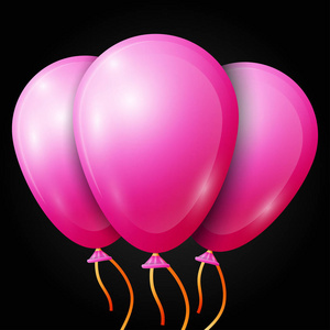 现实的粉红色气球用黑色的背景上孤立的丝带。闪亮的彩色光泽气球矢量图