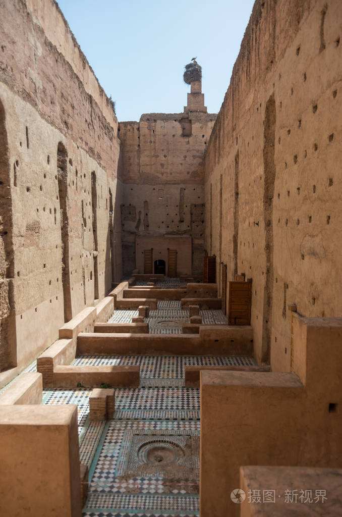 屋顶摩洛哥的埃尔巴迪宫宫el巴迪在马拉喀什与鹳庭院观