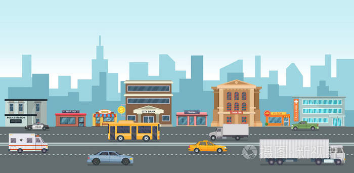 城市景观与现代建筑和市场的地方.不同的汽车在大街上.