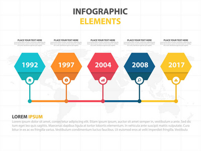 业务信息图表时间线流程模板，五颜六色的旗帜