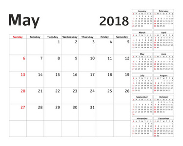 简单的日历计划 2018 年.矢量设计 5 月模板.组的 12 个月.