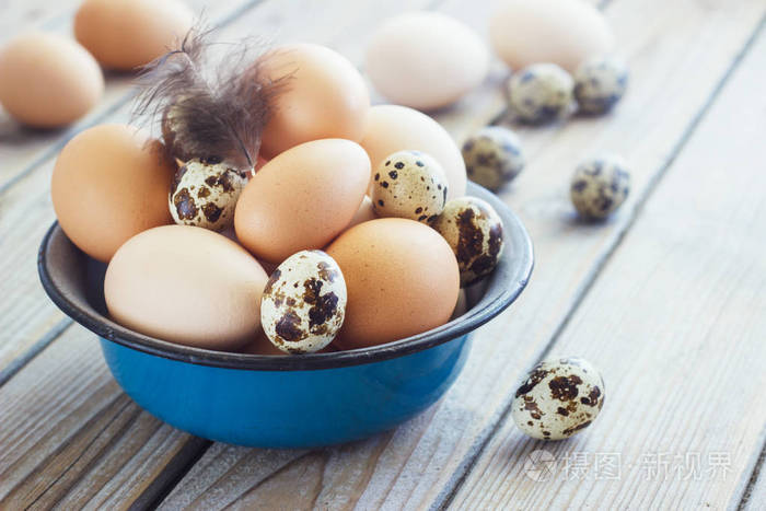 从鸡与鹌鹑的农场在金属碗里的鸡蛋