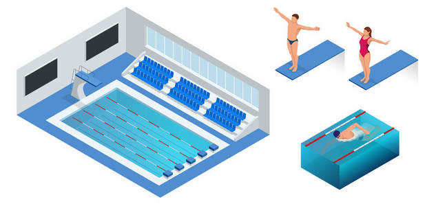 等距人潜入水中去游泳池，跳水运动员。男性会游泳，那跳跃和潜入室内运动游泳池。运动的人