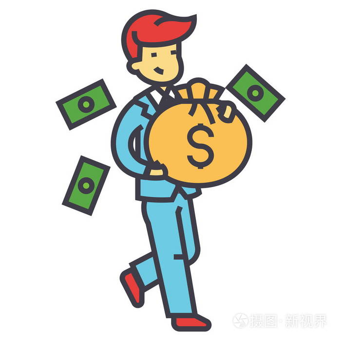 快乐富有的商人与钱袋子, 金融, 财富, 成功的概念.线矢量图标.