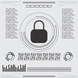 安全屏幕。未来的用户界面。 抽象虚拟图形触摸用户界面。 哈德。 高科技基础。 蓝色和白色元素。 uiHud信息技术界面屏幕监控雷