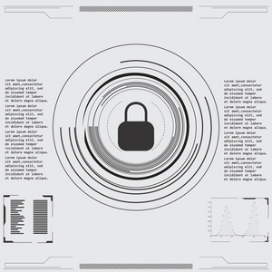 安全屏幕。未来的用户界面。 抽象虚拟图形触摸用户界面。 哈德。 高科技基础。 蓝色和白色元素。 uiHud信息技术界面屏幕监控雷
