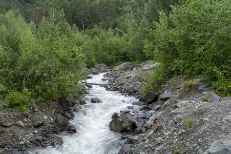 巴尔卡尔俄罗斯北高加索埃尔布鲁斯山麓绿树之间的石沉大海照片