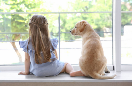 可爱的孩子与拉布拉多犬在家里的窗台上