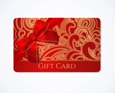 购物礼券,礼品卡 (折扣) 与黄金花卉 (滚动,涡流) 模式和红色弓 (功能