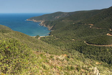 曼巴海滩 Ampelos 在遮阳伞和半岛，Chalkidiki，中央马其顿的全景视图