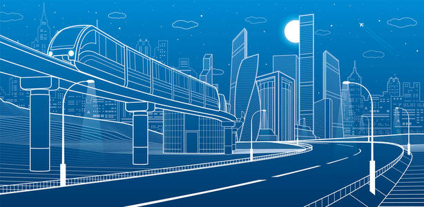 城市基础设施和运输图。单轨列车铁路。火车在天桥上方移动。现代的夜晚的城市。飞机飞行。塔和摩天大楼。白蓝色背景上的线，矢量设计艺术