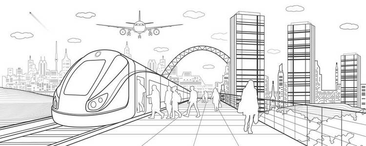 市和运输图。乘客登上火车，在车站的人。飞机飞行。在背景 塔和摩天大楼上的现代城市。黑色的线条。矢量设计艺术