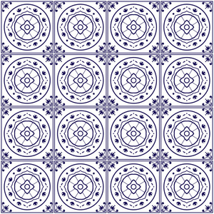 代尔夫特瓷砖模式向量用蓝色和白色花饰品
