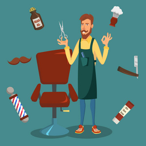 卡通快乐时髦理发师侠专业理发师准备做一个时尚的发型.