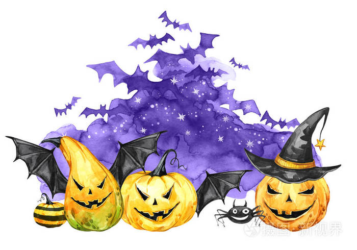 水彩可怕的夜晚,羊群的蝙蝠和假期的南瓜.万圣节假期插图.