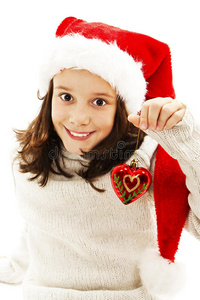 可爱的孩子戴着圣诞帽和圣诞球