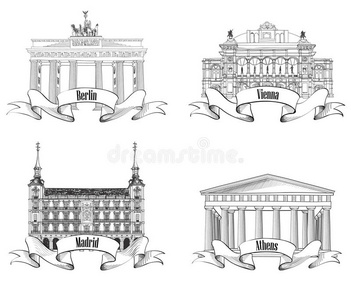 欧洲城市符号素描集雅典柏林马德里维也纳。