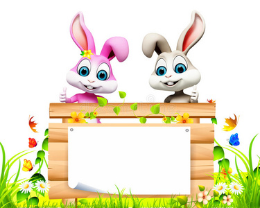 带木制标志的复活节兔子