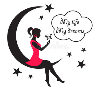 傍晚的云彩和月亮坐在月亮上的星星和云彩中的女人照片