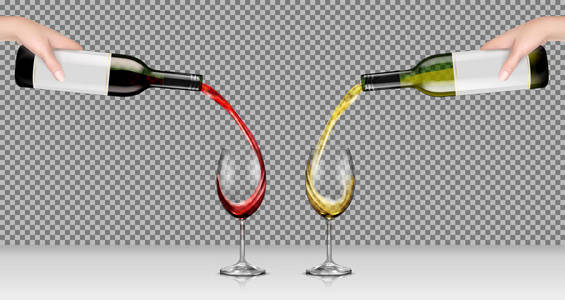 矢量插图的手里拿着白色和红色的玻璃瓶酒，倒入透明眼镜