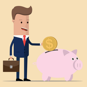 商人或经理提出了金币到粉红猪储钱罐。存钱。矢量图