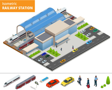 向量等距的信息图表元素铁路站建设终端。城际列车。建筑立面火车站公共列车站旅客列车 平台 相关的基础设施