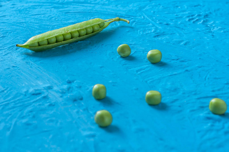 年轻的有机绿色豌豆荚和豌豆在蓝色纹理的背景。关闭。收获，健康饮食