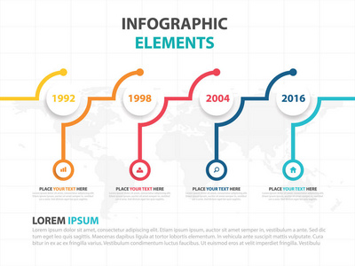 业务信息图表时间线流程模板，彩色横幅文字框设计的演示文稿，演示文稿的工作流关系图设计