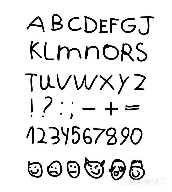 儿童英语字母表数字表情符号表情符号手绘对孤立背景矢量图