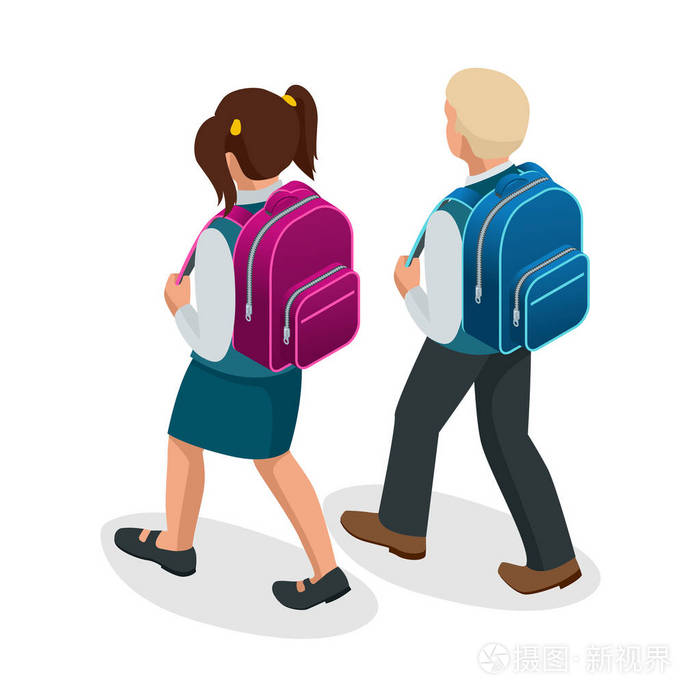 等距的男孩和女孩回到学校概念.孩子们去上学,他们背的包和穿校服.教