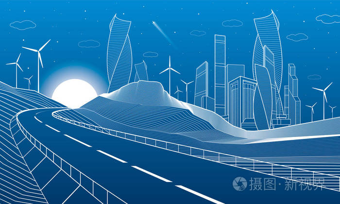 塔和摩天大楼,现代化的城市,商业建筑.夜景.在蓝色背景上的白色线条.