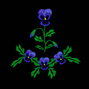 刺绣的牛仔裤。顺利。蓝芽的紫罗兰花。花朵图案。传统的民间装饰。在黑色背景上的矢量图
