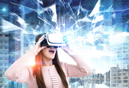 仿真毛惊讶不已的她,在 vr 眼镜在一个城市,多边形照片