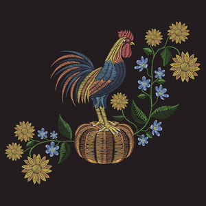 公鸡站在南瓜 向日葵 肝花刺绣针。矢量时尚装饰品面料传统民俗花卉装饰黑色的背景上