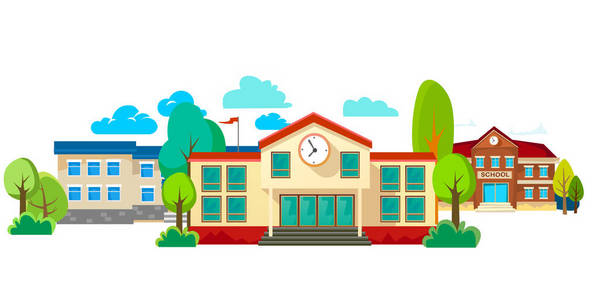 现代学校建筑物外墙,学生城市概念,小学门面城市街头背景,图标矢量图