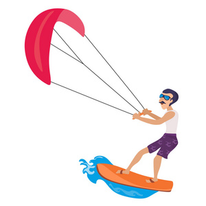 风筝冲浪水极限运动，隔离夏天度假活动概念，卡通波冲浪，海海滩矢量插图，积极的生活方式冒险的设计元素