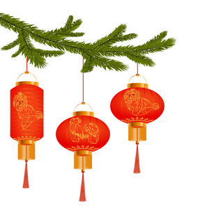 橙色的中国灯笼的一棵圣诞树的树枝上的一只狗的形象。圆和圆柱。插图