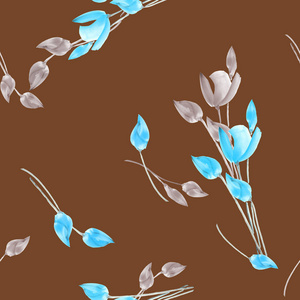 无缝模式的郁金香与巧克力的背景上米色和绿松石的花朵。水彩