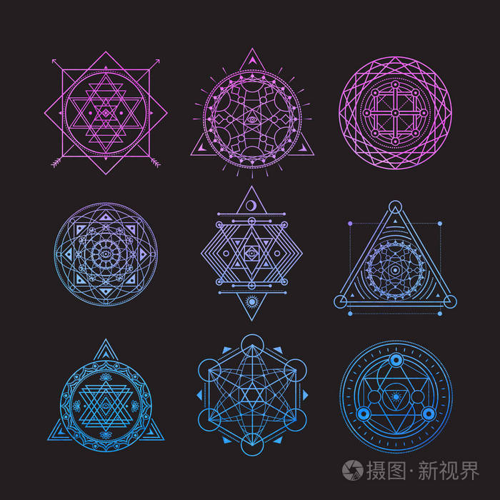 黑色背景明亮矢量神圣符号集