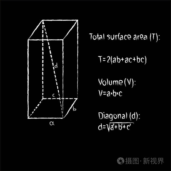 用白色粉笔 在黑板与数学公式的总表面积 体积 空间对角线的几何形状方柱体插画 正版商用图片0z5ygw 摄图新视界 用白色粉笔 在黑板与数学公式的总表面积 体积 空间对角线的几何形状方柱体插画 正版商用图片0z5ygw 摄图新视界