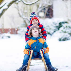 享受着雪橇的两个小的孩子男孩骑在冬天
