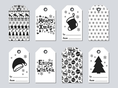 圣诞节和新年的礼物标签。卡圣诞套。手工绘制的元素。黑色和白色假日纸标签的集合。季节性的徽章销售设计。纹理。打印。矢量图。刻字