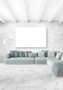 垂直的现代室内卧室或客厅的折衷墙和 copyspace 绘图空框架。3d 渲染