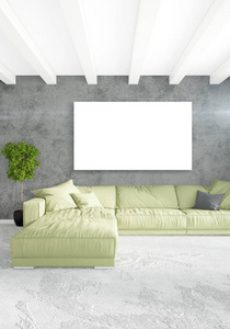 垂直的现代室内卧室或客厅的折衷墙和 copyspace 绘图空框架。3d 渲染