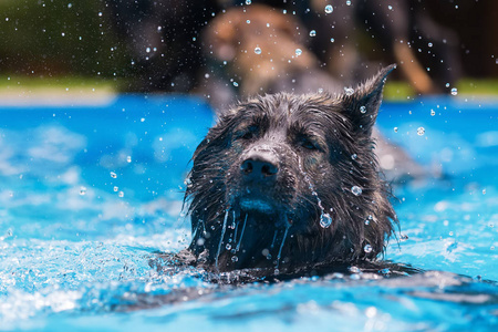 旧的德国牧羊犬在游泳池里游泳图片
