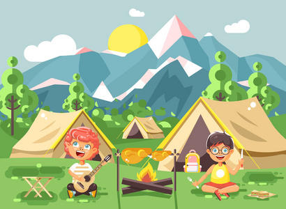 儿童男孩和女童子军一起演唱演奏吉他 露营在性质上，帐篷和背包徒步旅行 冒险公园室外背景的山平面样式