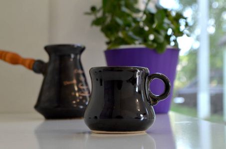 Cezve。咖啡和咖啡杯子陶瓷 Turka