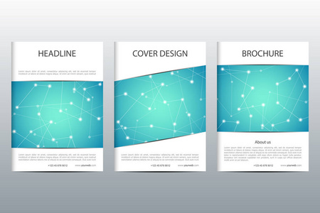 宣传册模板布局 传单 封面 年度报告 在 A4 大小的杂志。分子粒子和原子的结构。多边形的抽象背景。矢量图