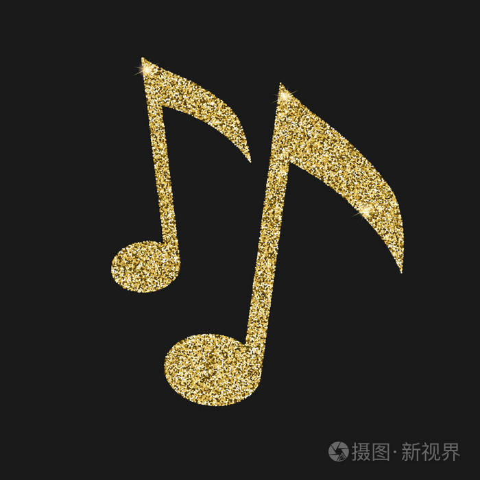 音符图标带闪光效果孤立在黑色背景上概述的笔记音乐符号矢量象形图的